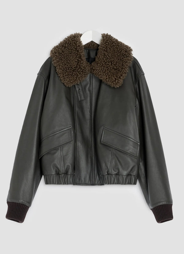 Leather blouson with shearling collar