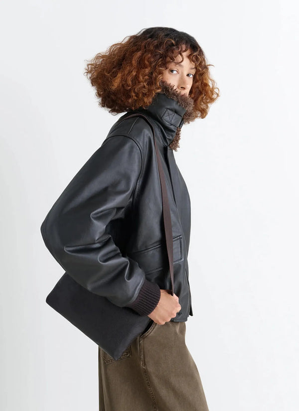 Leather blouson with shearling collar